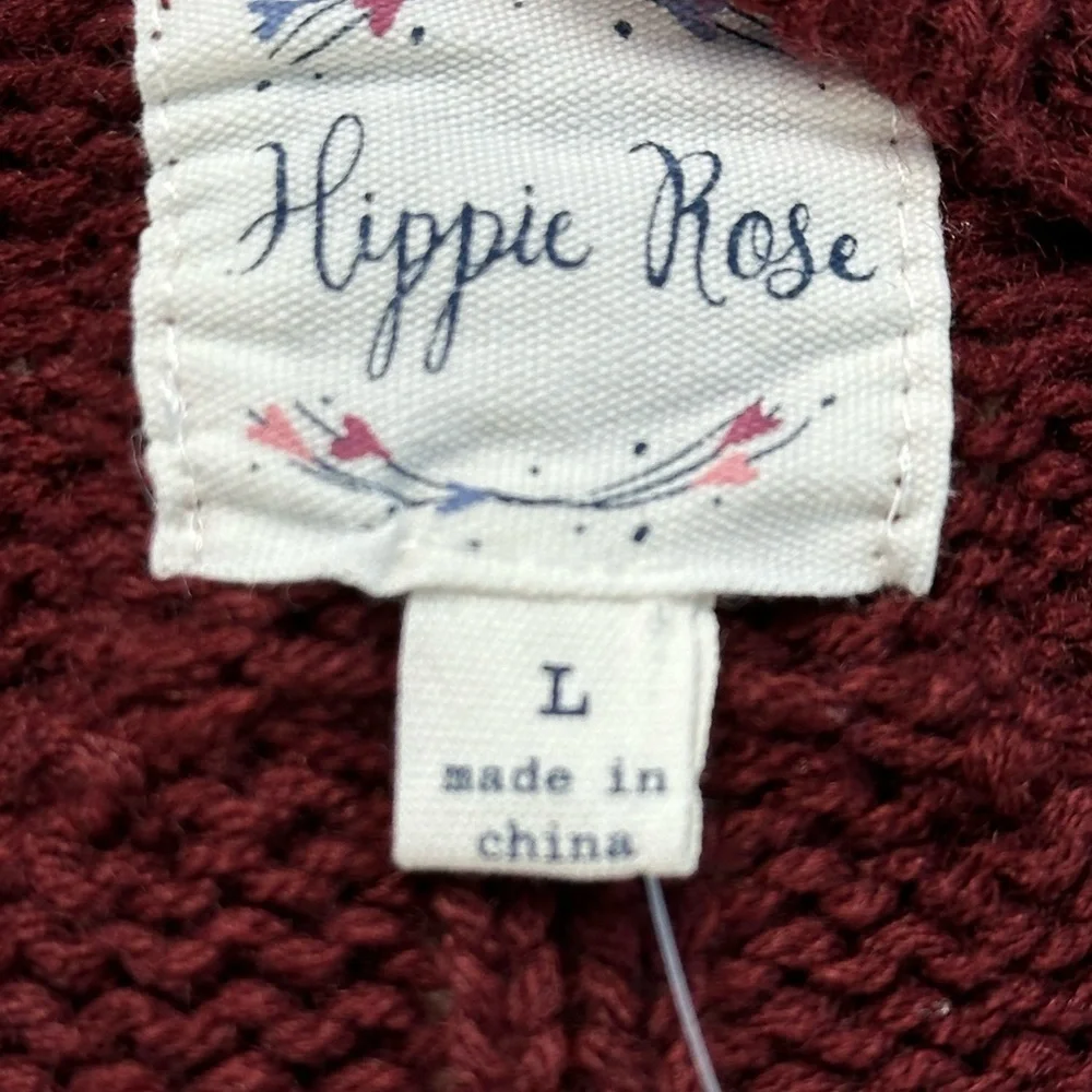 Hippie Rose Long Sleeve Cold Shoulder Crew Neck Cable Knit Sweater - Maroon Red